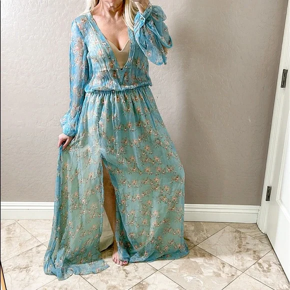 sachin and babi light blue dress V Neck Split Front Chiffon Long Evening Dress with Elegant Appliques Lace
